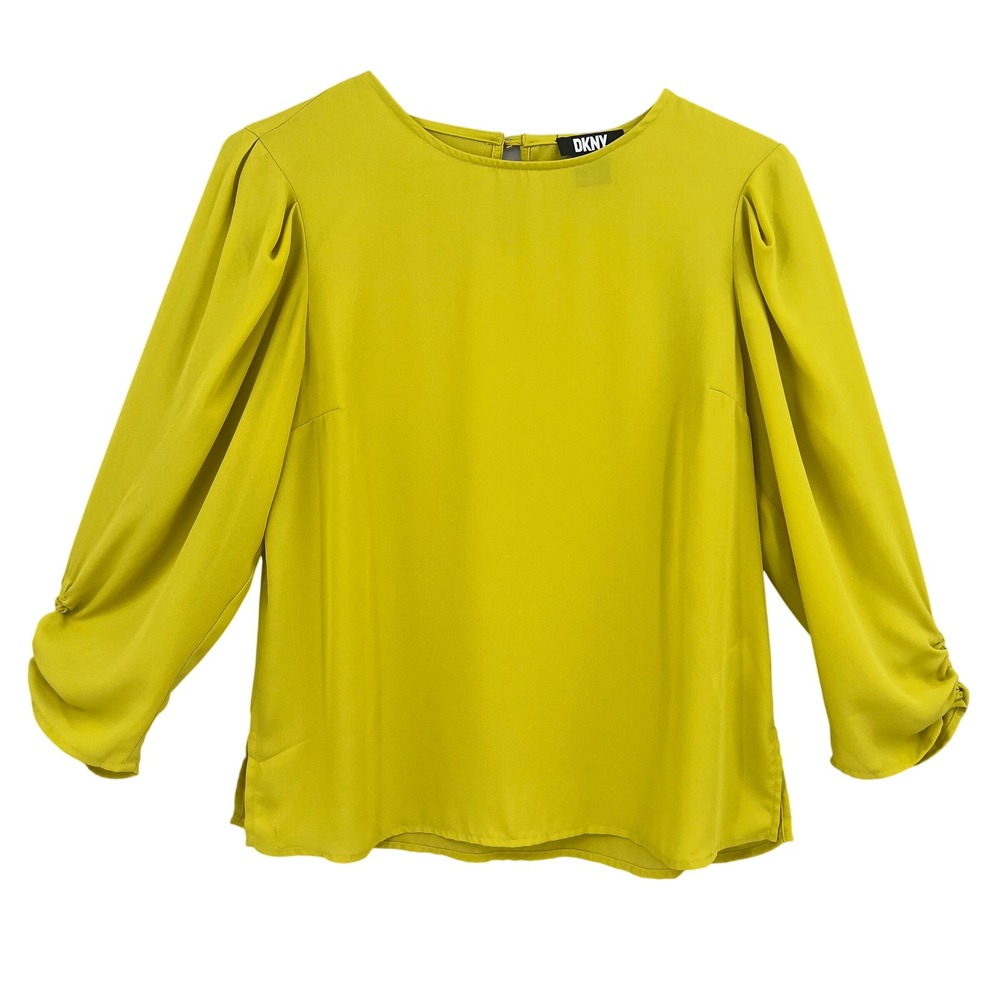 DKNY Womens Lantern‎ Sleeve Blouse Chartreuse Citron Yellow Keyhole Back Size M